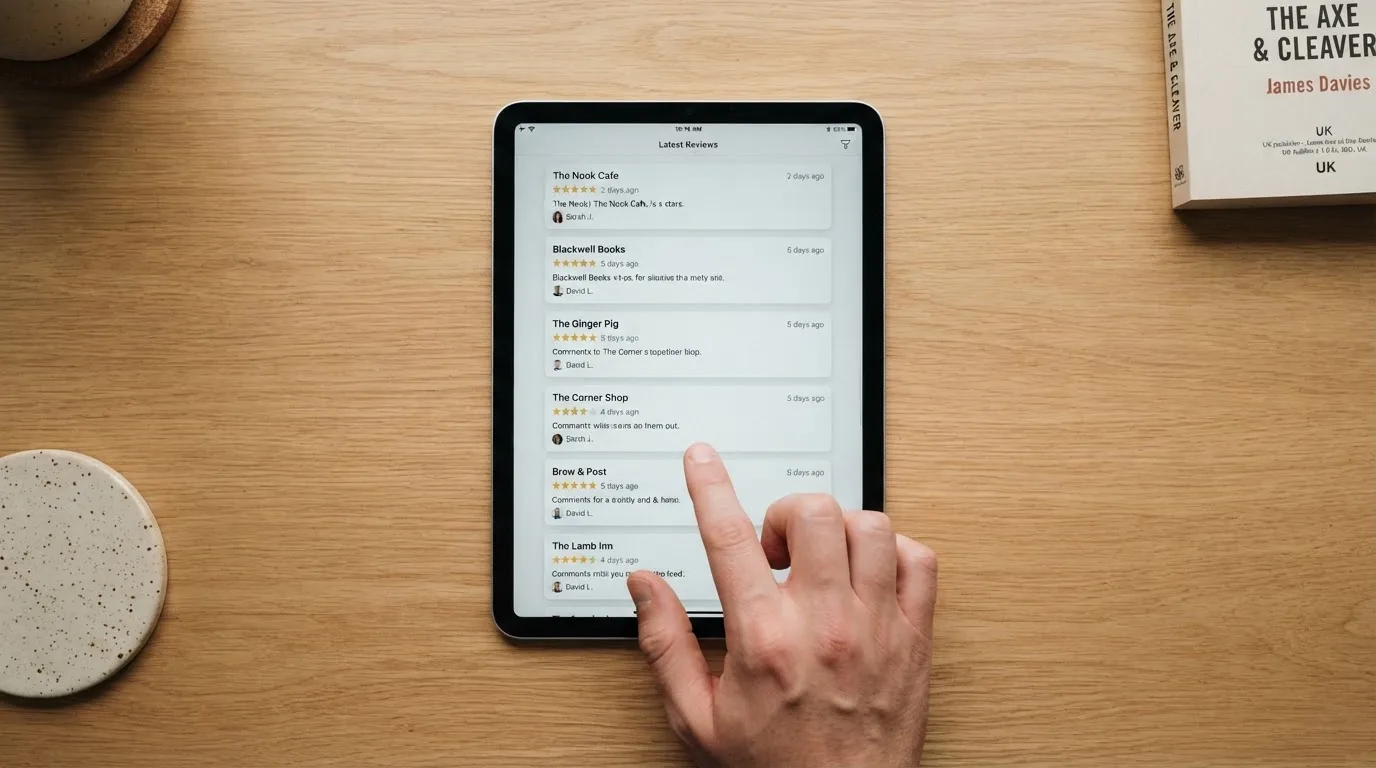 A hand scrolling through a list of casino reviews on a tablet.