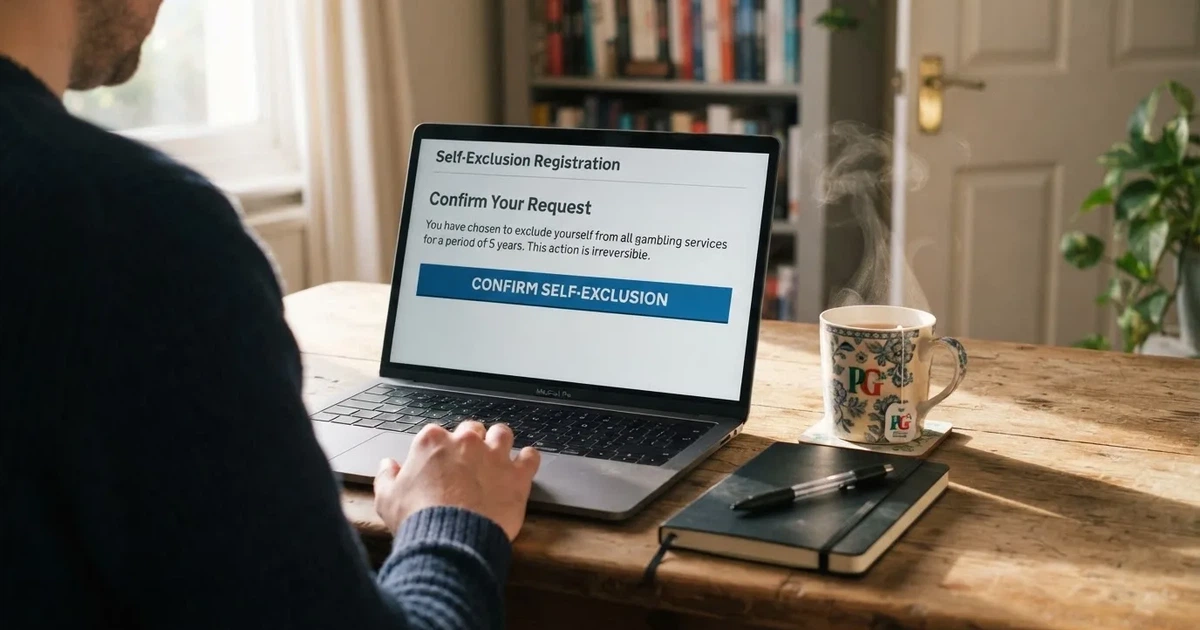 A cup of tea beside a laptop showing a self-exclusion sign-up screen.