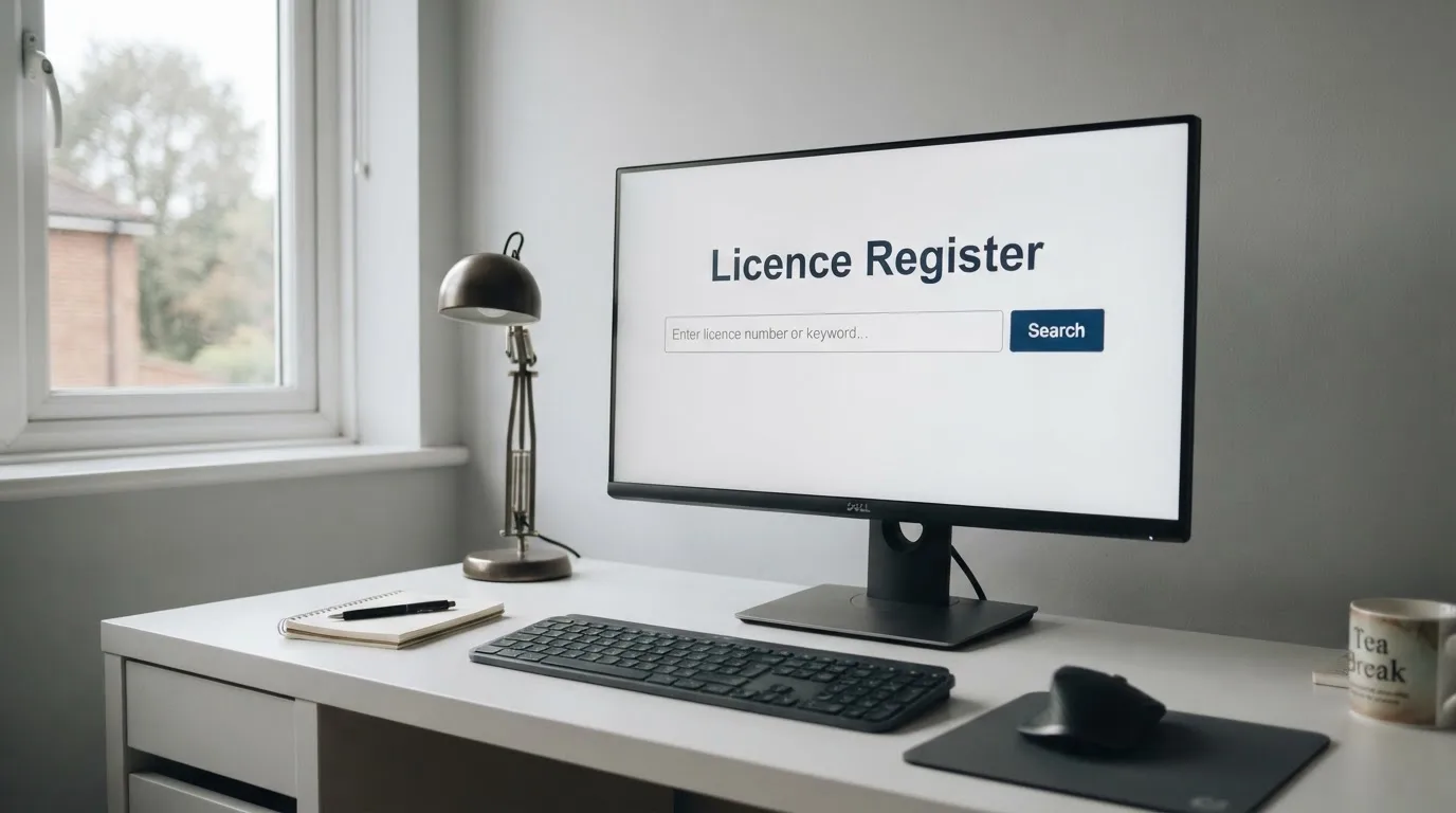 A public licence register search bar shown on a monitor in an office setting.